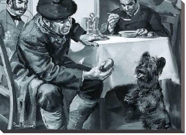 Постер Unidentified restaurant scene of man eating soup and another feeding dog с типом исполнения На холсте без рамы