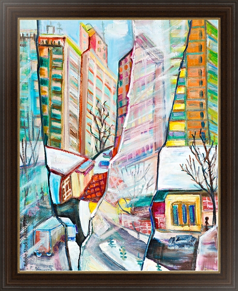 Постер Город сквозь разбитое стекло с типом исполнения На холсте в раме в багетной раме 1.023.151