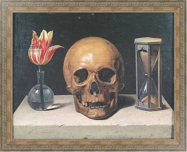 Постер Vanitas Still Life with a Tulip, Skull and Hour-Glass с типом исполнения На холсте в раме в багетной раме 484.M48.310