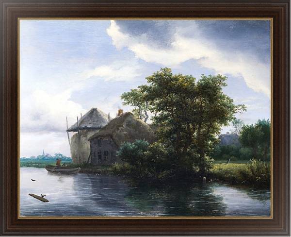 Постер Домик и стог сена у реки с типом исполнения На холсте в раме в багетной раме 1.023.151