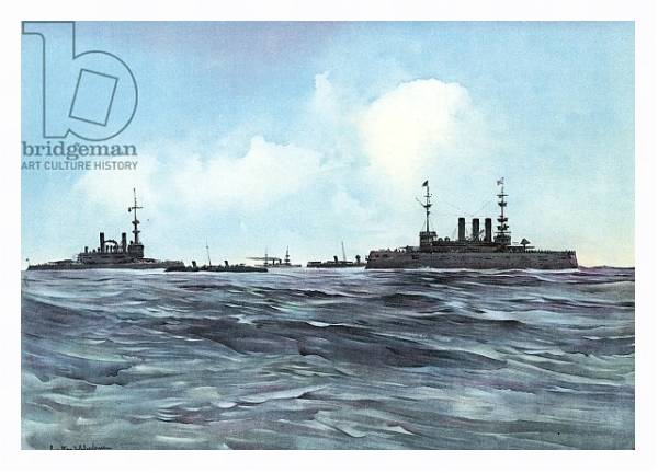 Постер The Indiana and New York Flanked and Guarded by Torpedo-Boats and Cruisers с типом исполнения На холсте в раме в багетной раме 221-03