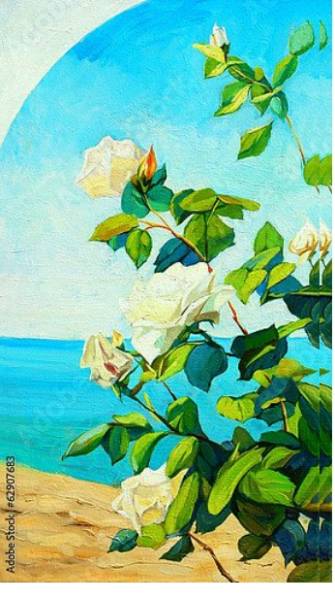 Постер Куст белых роз на фоне моря с типом исполнения На холсте без рамы