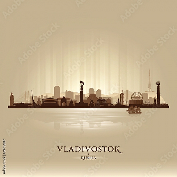 Постер Владивосток, Россия. Силуэт города с типом исполнения На холсте без рамы