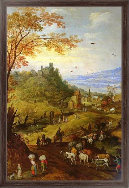 Постер Горный пейзаж со скотом на дороге с типом исполнения На холсте в раме в багетной раме 221-02