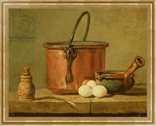 Постер Still Life of Cooking Utensils, Cauldron, Frying Pan and Eggs с типом исполнения На холсте в раме в багетной раме NA033.1.051