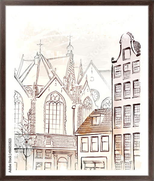 Постер Архитектурный эскиз Амстердама с типом исполнения На холсте в раме в багетной раме 221-02
