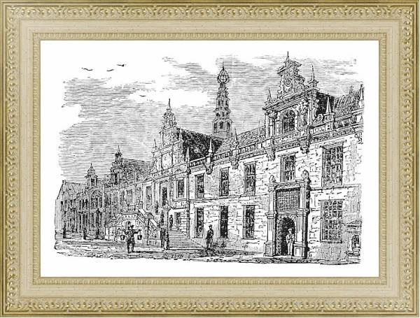 Постер Leiden city hall, Netherlands, vintage engraving с типом исполнения Акварель в раме в багетной раме 484.M48.725