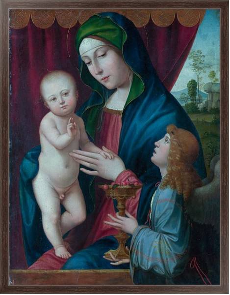 Постер Дева Мария с ребенком и ангел с типом исполнения На холсте в раме в багетной раме 221-02