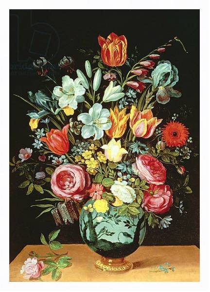 Постер A Still Life of Flowers in a Porcelain Vase Resting on a Ledge с типом исполнения На холсте в раме в багетной раме 221-03