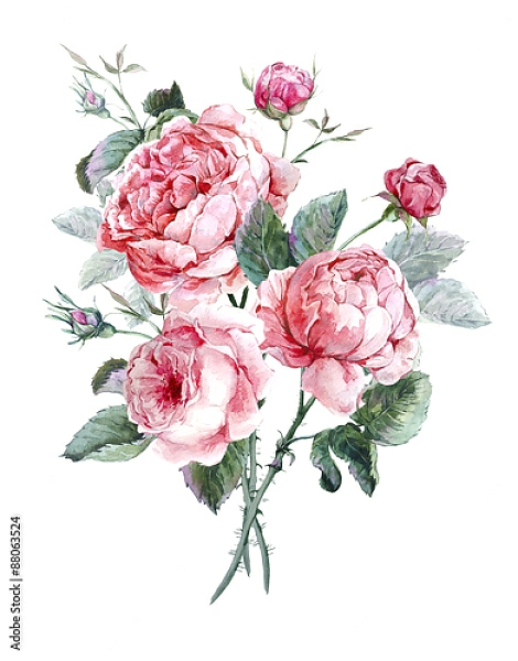 Постер Акварельный букет из розовых роз с типом исполнения На холсте без рамы