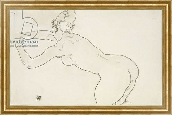 Постер Female nude kneeling and bending forward to the left, 1918 с типом исполнения На холсте в раме в багетной раме NA033.1.051