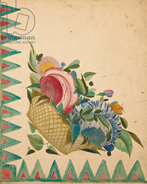 Постер Textile design with basket of flowers, с типом исполнения На холсте без рамы