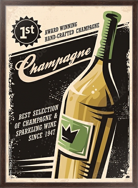 Постер Champagne vintage poster design with bottle and creative typo on dark background с типом исполнения На холсте в раме в багетной раме 221-02