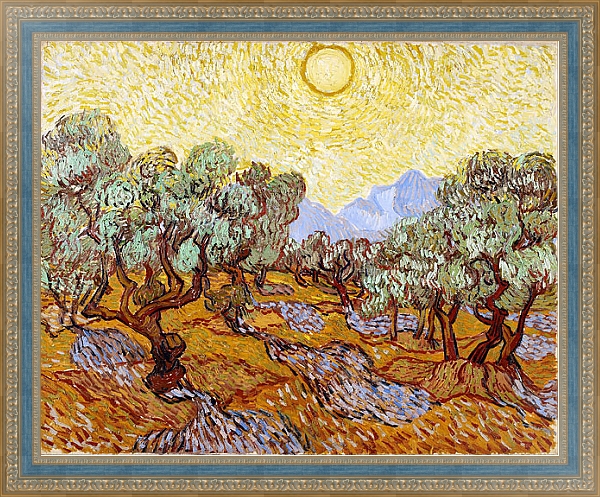 Постер Оливковые деревья с желтым небом и солнцем с типом исполнения На холсте в раме в багетной раме 484.M48.685