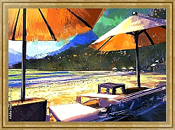 Постер Солнцезащитные зонтики и шезлонги на пляже
