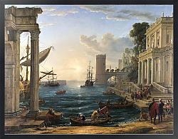 Постер Лоррен Клод (Claude Lorrain) Морской порт с причалившей Королевой Шеба