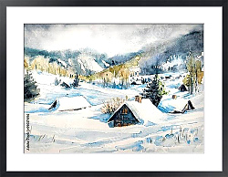 Постер Зимний пейзаж с зеснеженной деревней