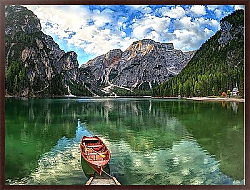 Постер Лодка на озере Брайес в Доломитовых Альпах, Италия