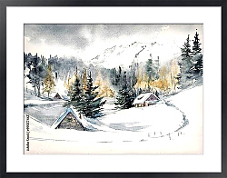Постер Зимний пейзаж с горной деревней, покрытой снегом