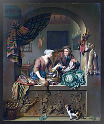 Постер Миерис Вильям Женщина и рыбный торговец на кухне