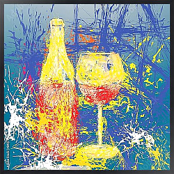 Постер Вино и бокал, рисунок пятнами на синем фоне