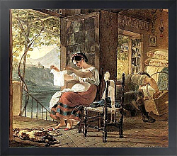 Постер Брюллов Карл Итальянка, ожидающая ребенка, разглядывает рубашку, муж сколачивает колыбель. 1831