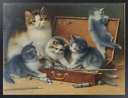 Постер Mother Cat and her Kittens playing in a Paint Box