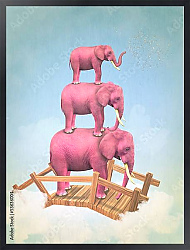 Постер Три розовых слона в небе на мосту