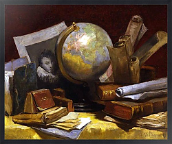 Постер Воллон Антуан Натюрморт с картой мира, книгами и пергаментом