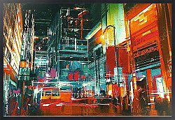 Постер Улица города в ночное время с красочными огнями