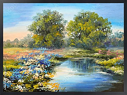 Постер Река в лесу, красочные поля цветов