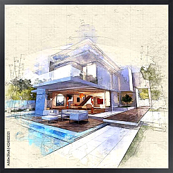 Постер Архитектурный эскиз дома с бассейном