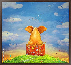 Постер Слон, сидящий на чемодане на поляне