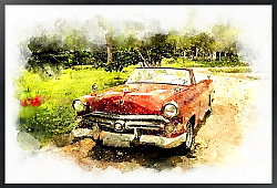 Постер Старый красный акварельный автомобиль