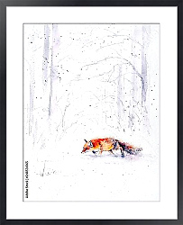 Постер Красная лиса беж в белом лесу