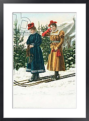 Постер Школа: Английская 20в. Two women on skis as they ski down a snowy landscape