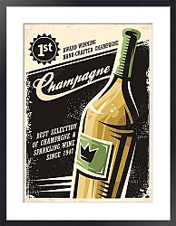 Постер Champagne vintage poster design with bottle and creative typo on dark background