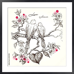 Постер Влюбленные птички на ветке дерева