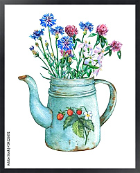 Постер Синий металлический чайник с букетом полевых цветов