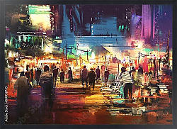 Постер Торговая улица с красочными огнями ночной жизни