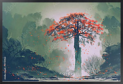 Постер Одинокое красное дерево с падающими листьями