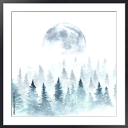 Постер Пейзаж зимнего леса и восходящей луны