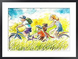 Постер Счастливая семья катающаяся на велосипедах