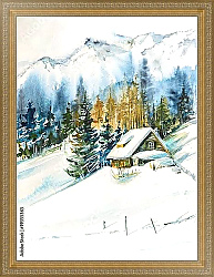 Постер Зимний пейзаж с горной деревней, покрытой снегом.