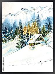 Постер Зимний пейзаж с горной деревней, покрытой снегом.