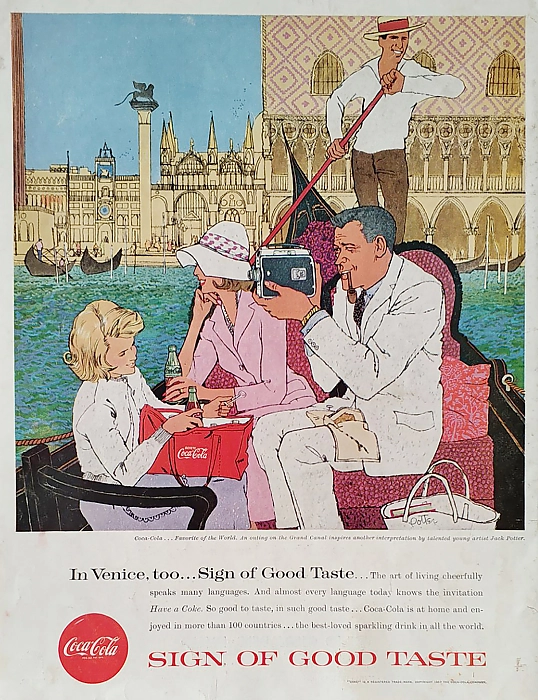 Оригинальная рекламная иллюстрация, США. Coca-cola. Ladies & Man on gondola Grand Canal. Дополнительное изображение