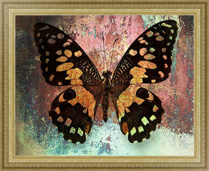 Постер в раме Чёрно-жёлтая бабочка на разноцветном гранж фоне