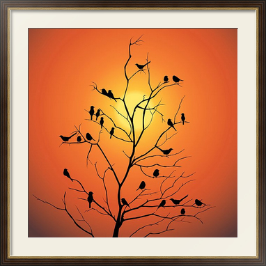Картина на холсте Дерево с птицами на фоне заката