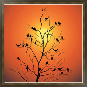 Постер на холсте Дерево с птицами на фоне заката