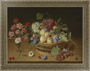 Репродукция картины Натюрморт с фруктами в корзине и цветами в вазе